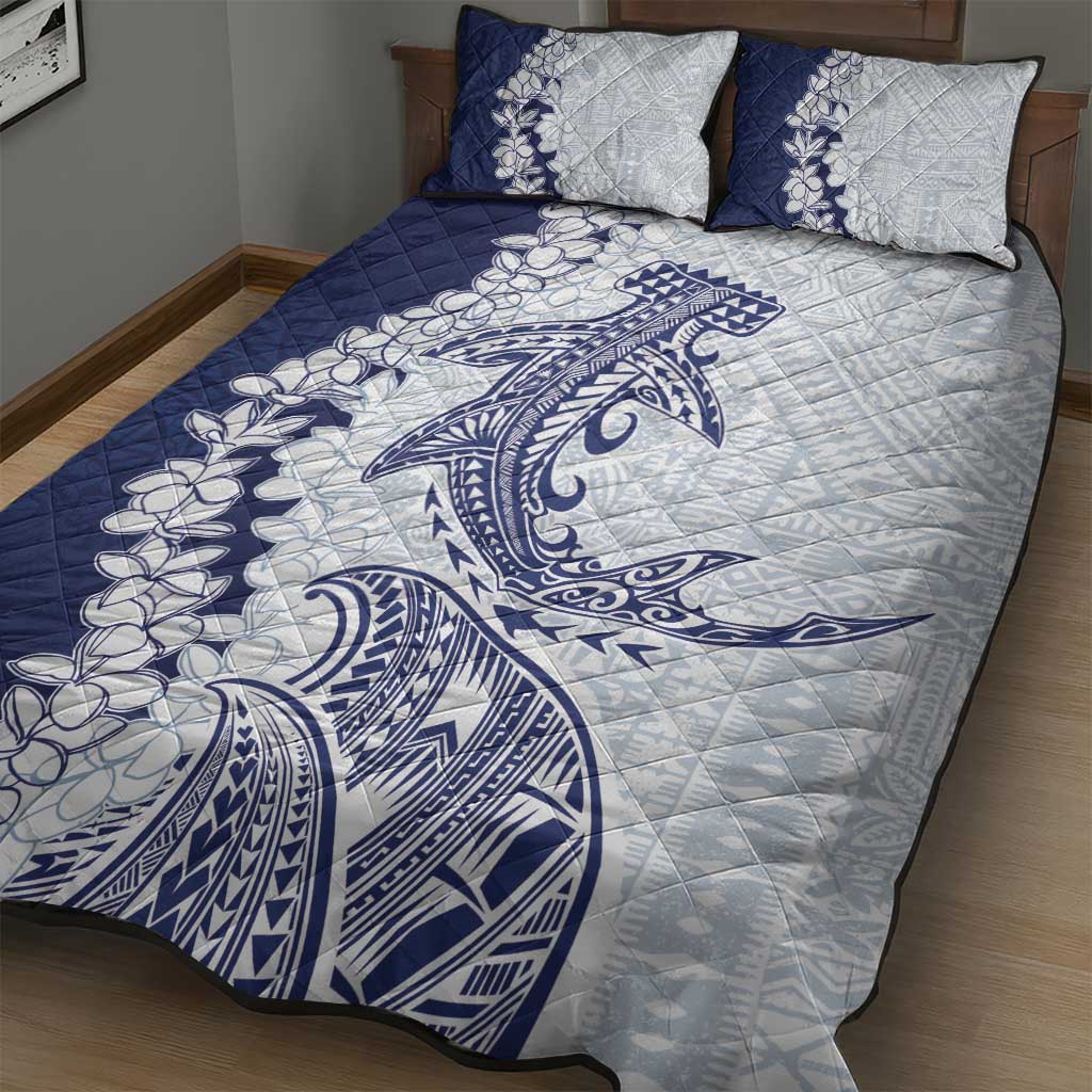 Polynesian Navy Blue Plumeria Lei Quilt Bed Set with Hammerhead Shark LT7 - Polynesian Pride