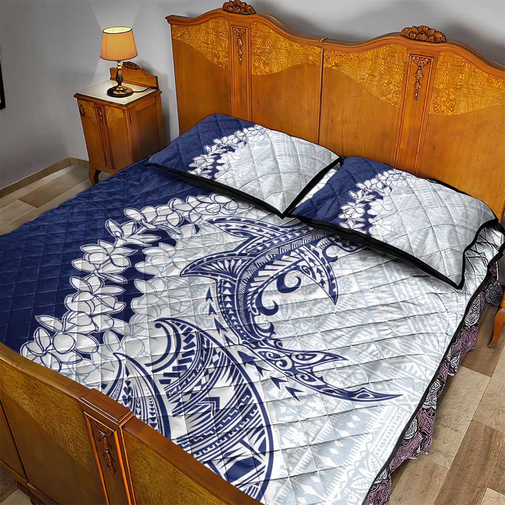 Polynesian Navy Blue Plumeria Lei Quilt Bed Set with Hammerhead Shark LT7 - Polynesian Pride
