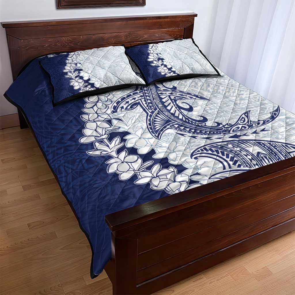 Polynesian Navy Blue Plumeria Lei Quilt Bed Set with Hammerhead Shark LT7 - Polynesian Pride
