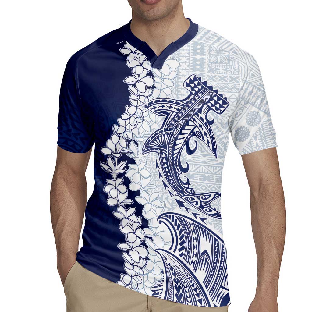 Polynesian Navy Blue Plumeria Lei Rugby Jersey with Hammerhead Shark LT7 - Polynesian Pride