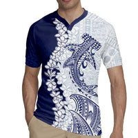 Polynesian Navy Blue Plumeria Lei Rugby Jersey with Hammerhead Shark LT7 - Polynesian Pride