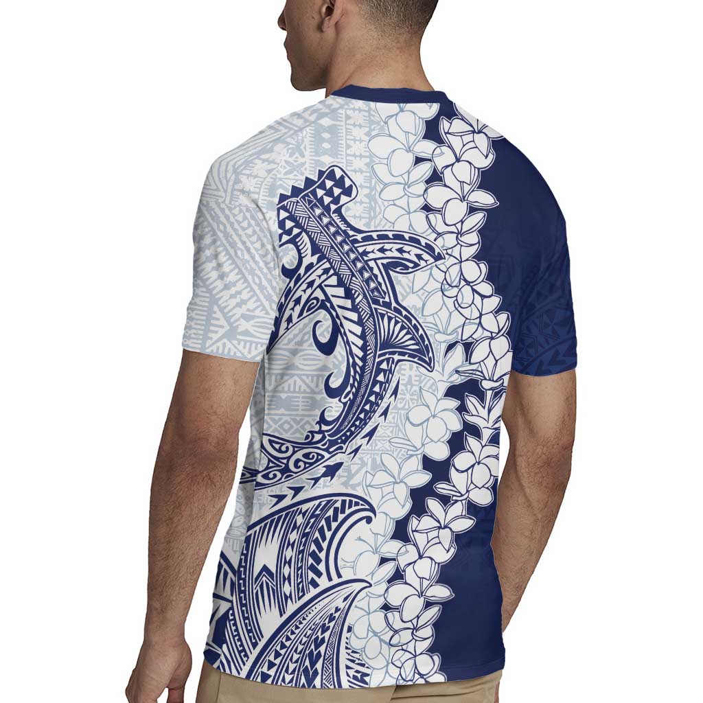 Polynesian Navy Blue Plumeria Lei Rugby Jersey with Hammerhead Shark LT7 - Polynesian Pride