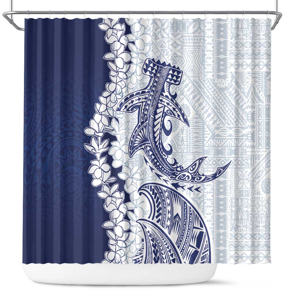 Polynesian Navy Blue Plumeria Lei Shower Curtain with Hammerhead Shark LT7 Navy Blue - Polynesian Pride
