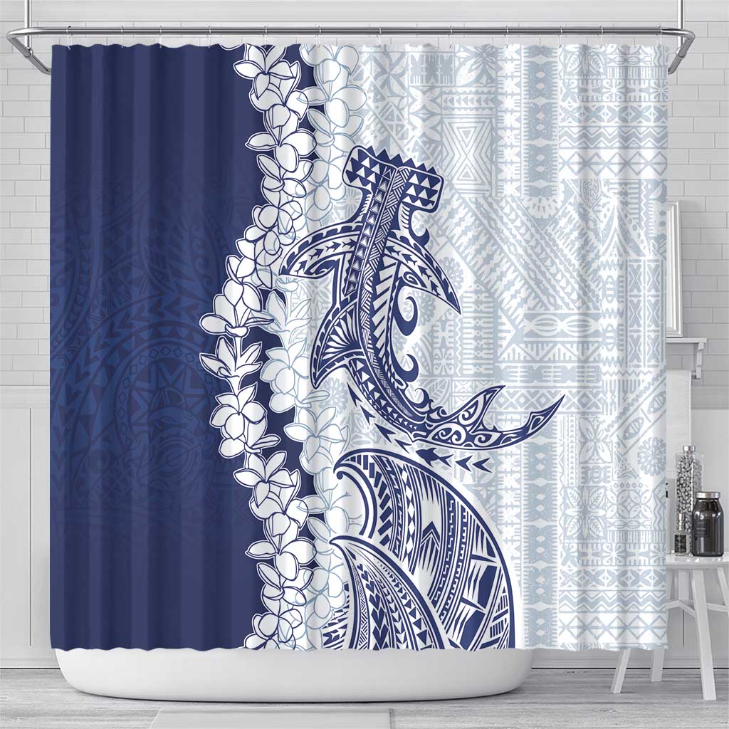 Polynesian Navy Blue Plumeria Lei Shower Curtain with Hammerhead Shark LT7 - Polynesian Pride
