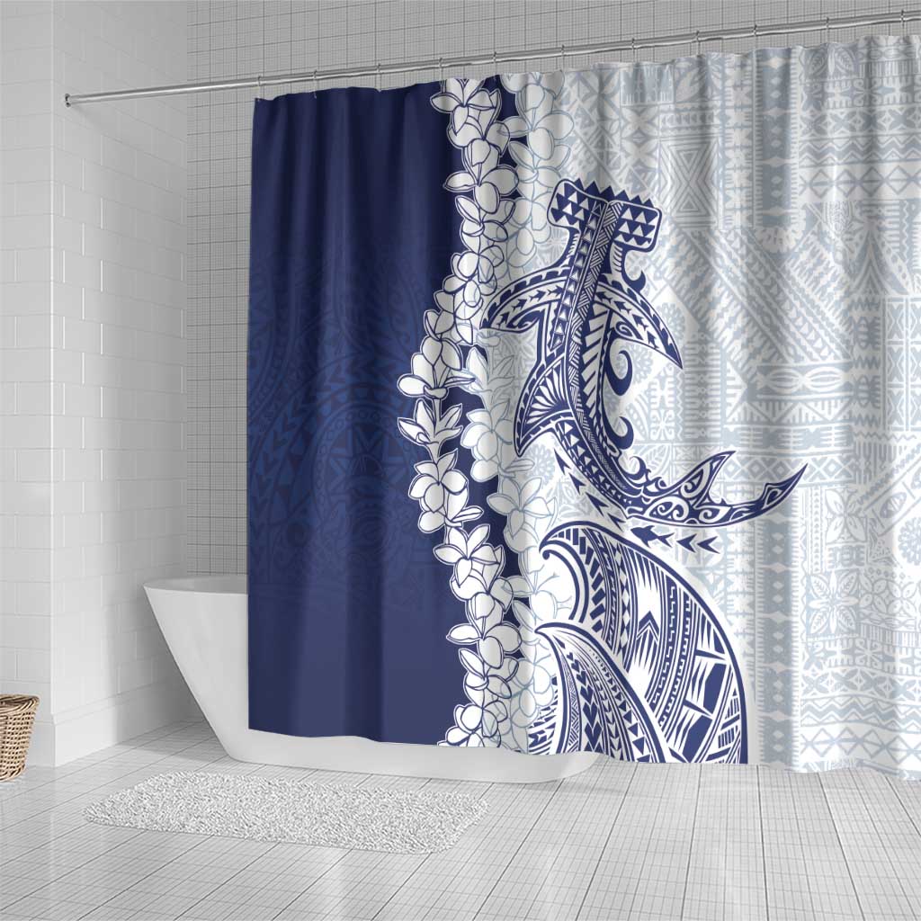 Polynesian Navy Blue Plumeria Lei Shower Curtain with Hammerhead Shark LT7 - Polynesian Pride