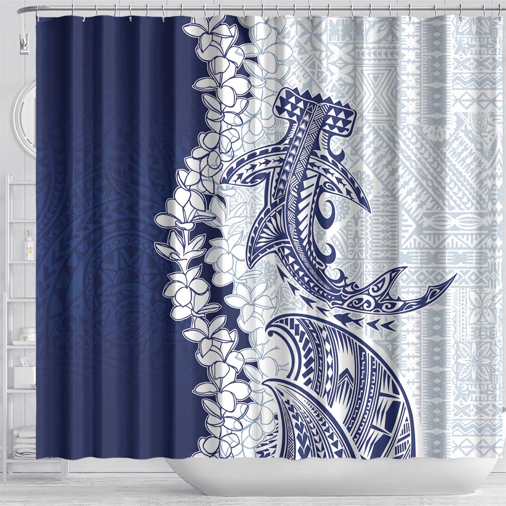 Polynesian Navy Blue Plumeria Lei Shower Curtain with Hammerhead Shark LT7 - Polynesian Pride