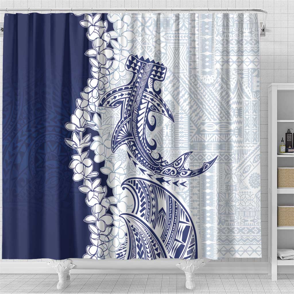 Polynesian Navy Blue Plumeria Lei Shower Curtain with Hammerhead Shark LT7 - Polynesian Pride