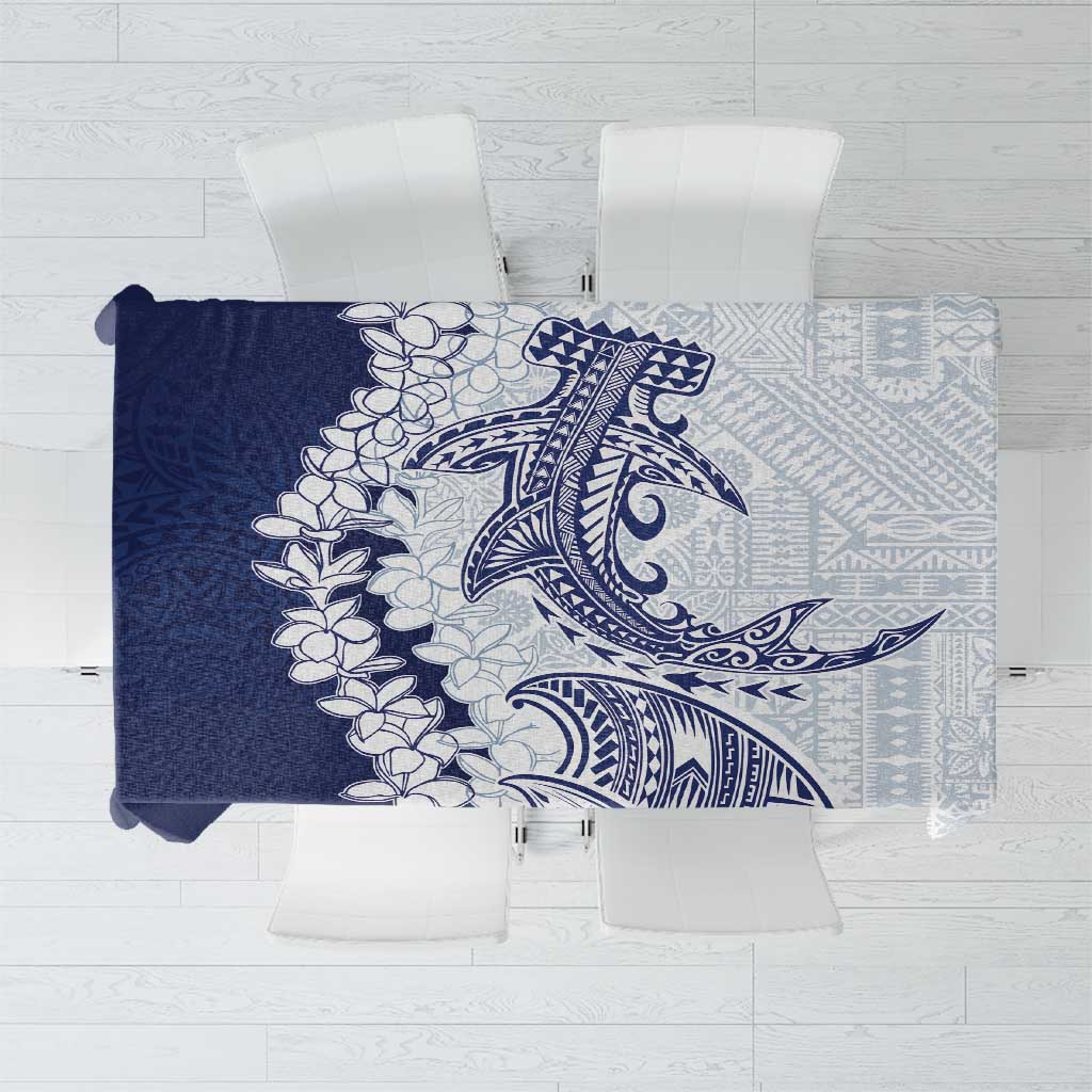 Polynesian Navy Blue Plumeria Lei Tablecloth with Hammerhead Shark