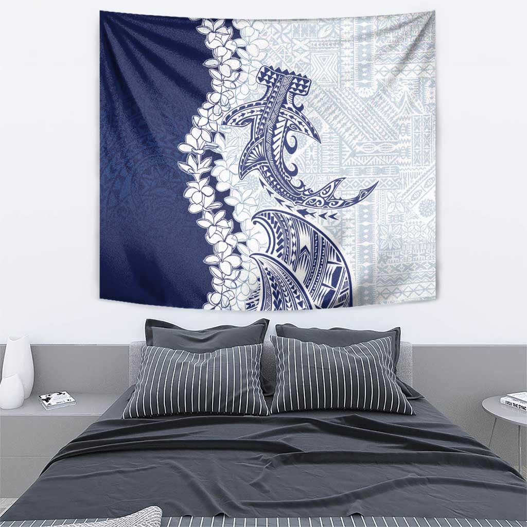 Polynesian Navy Blue Plumeria Lei Tapestry with Hammerhead Shark LT7 - Polynesian Pride