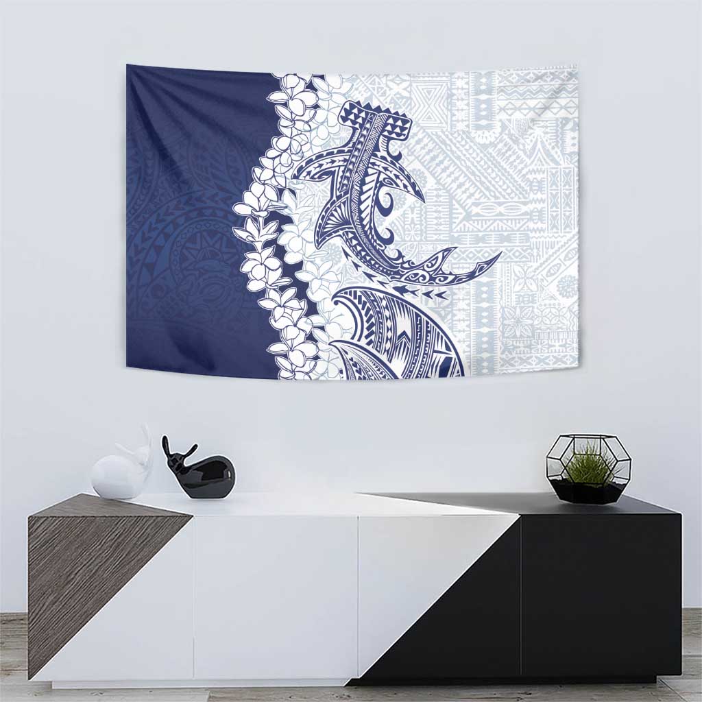 Polynesian Navy Blue Plumeria Lei Tapestry with Hammerhead Shark LT7 - Polynesian Pride