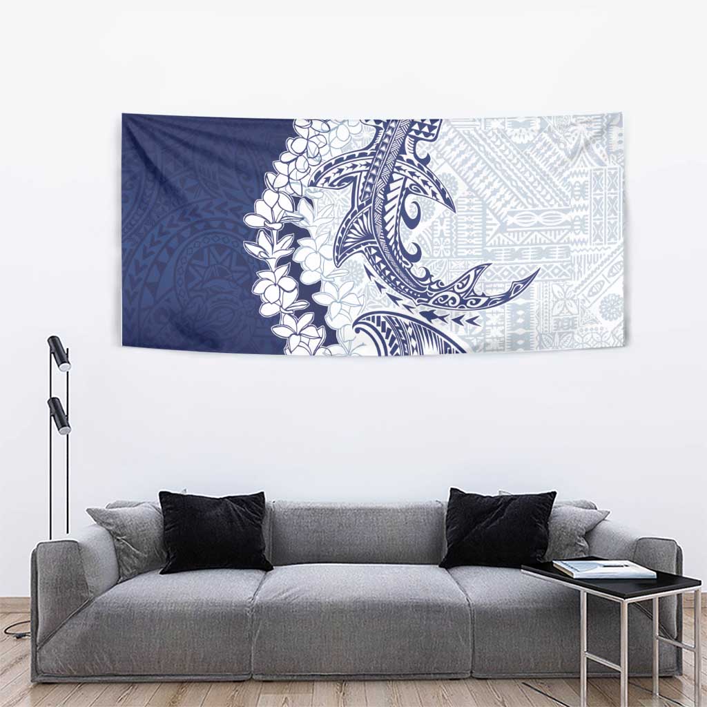Polynesian Navy Blue Plumeria Lei Tapestry with Hammerhead Shark LT7 - Polynesian Pride
