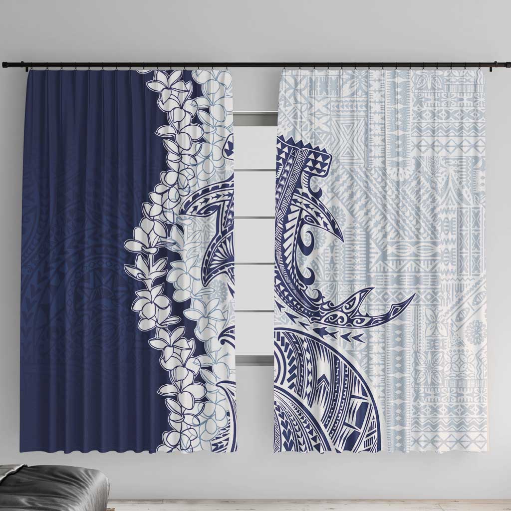 Polynesian Navy Blue Plumeria Lei Window Curtain with Hammerhead Shark LT7 With Hooks Navy Blue - Polynesian Pride