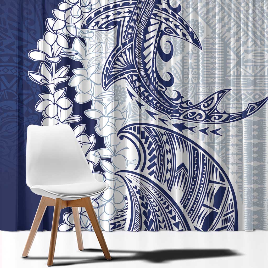 Polynesian Navy Blue Plumeria Lei Window Curtain with Hammerhead Shark LT7 - Polynesian Pride