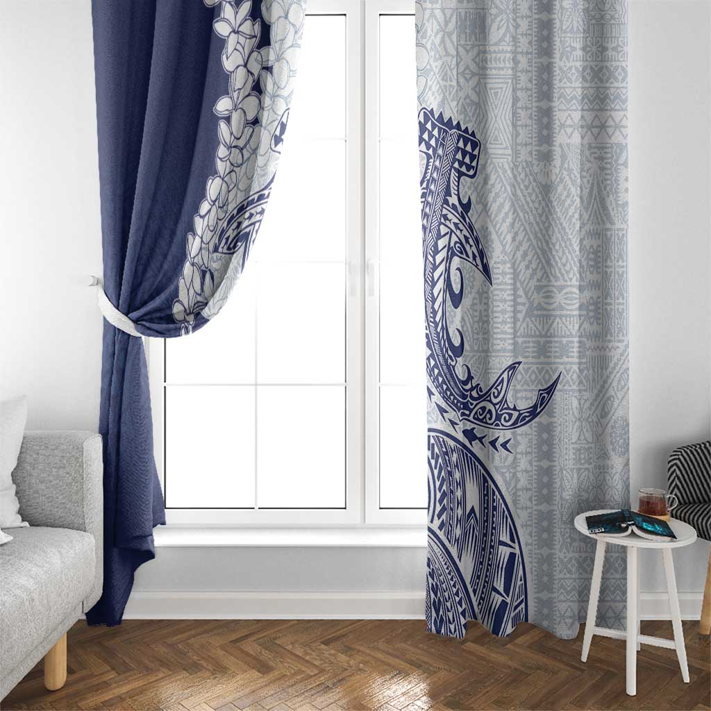 Polynesian Navy Blue Plumeria Lei Window Curtain with Hammerhead Shark LT7 - Polynesian Pride