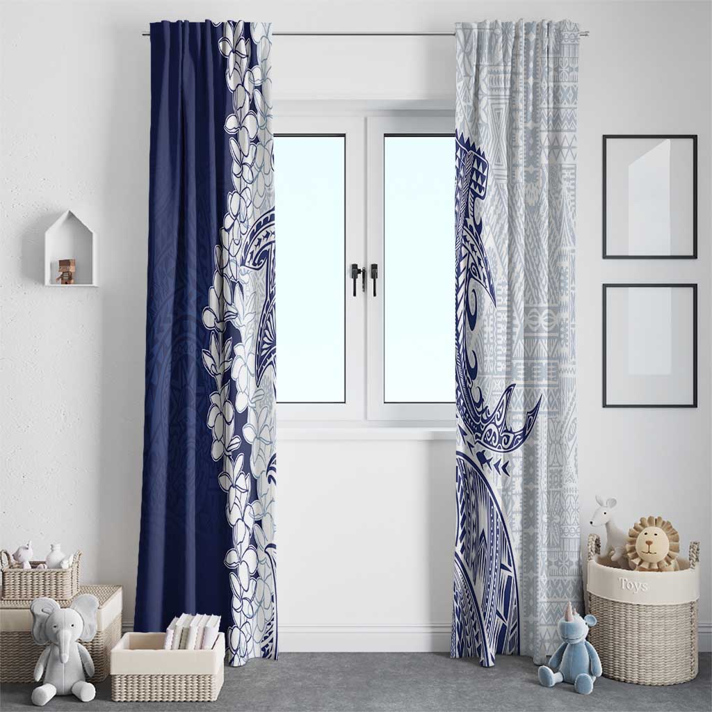 Polynesian Navy Blue Plumeria Lei Window Curtain with Hammerhead Shark LT7 - Polynesian Pride