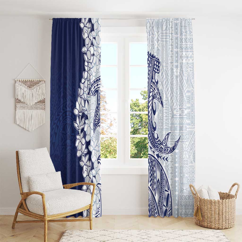 Polynesian Navy Blue Plumeria Lei Window Curtain with Hammerhead Shark LT7 - Polynesian Pride