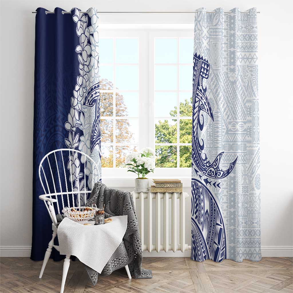 Polynesian Navy Blue Plumeria Lei Window Curtain with Hammerhead Shark LT7 - Polynesian Pride