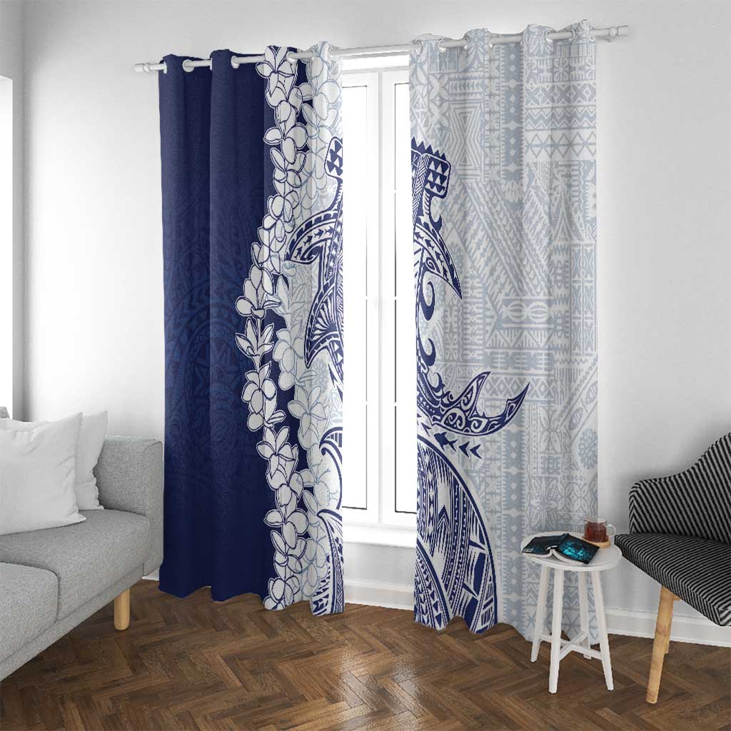 Polynesian Navy Blue Plumeria Lei Window Curtain with Hammerhead Shark LT7 With Grommets Navy Blue - Polynesian Pride