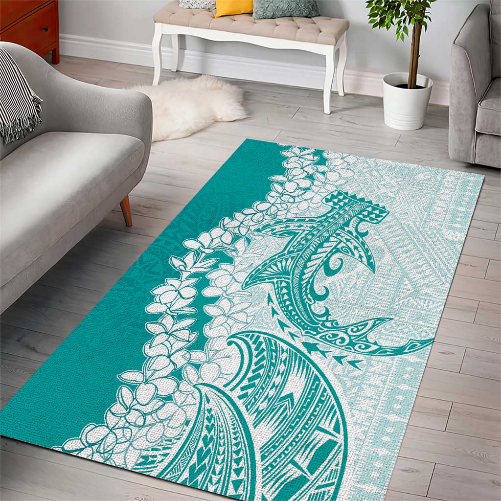 Polynesian Teal Plumeria Lei Area Rug with Hammerhead Shark LT7 - Polynesian Pride
