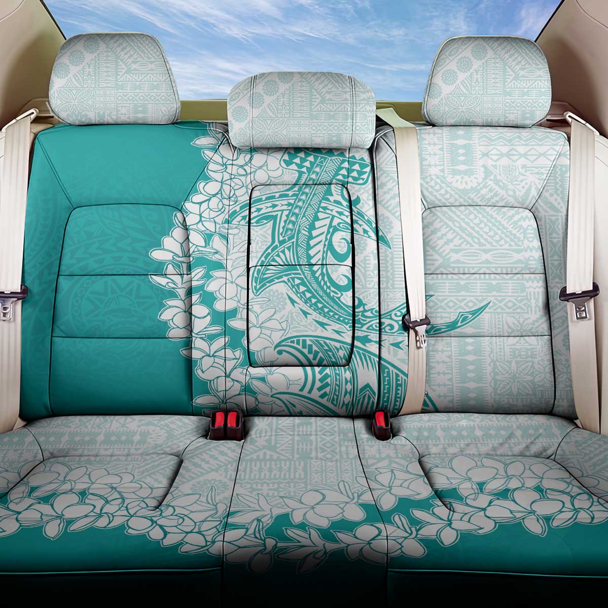 Polynesian Teal Plumeria Lei Hammerhead Shark – Back Car Seat Cover – LT7 One Size Teal - Polynesian Pride