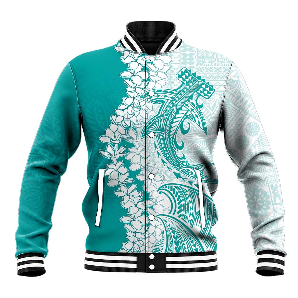 Polynesian Teal Plumeria Lei Baseball Jacket with Hammerhead Shark LT7 Unisex Teal - Polynesian Pride