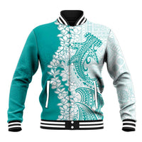 Polynesian Teal Plumeria Lei Baseball Jacket with Hammerhead Shark LT7 Unisex Teal - Polynesian Pride