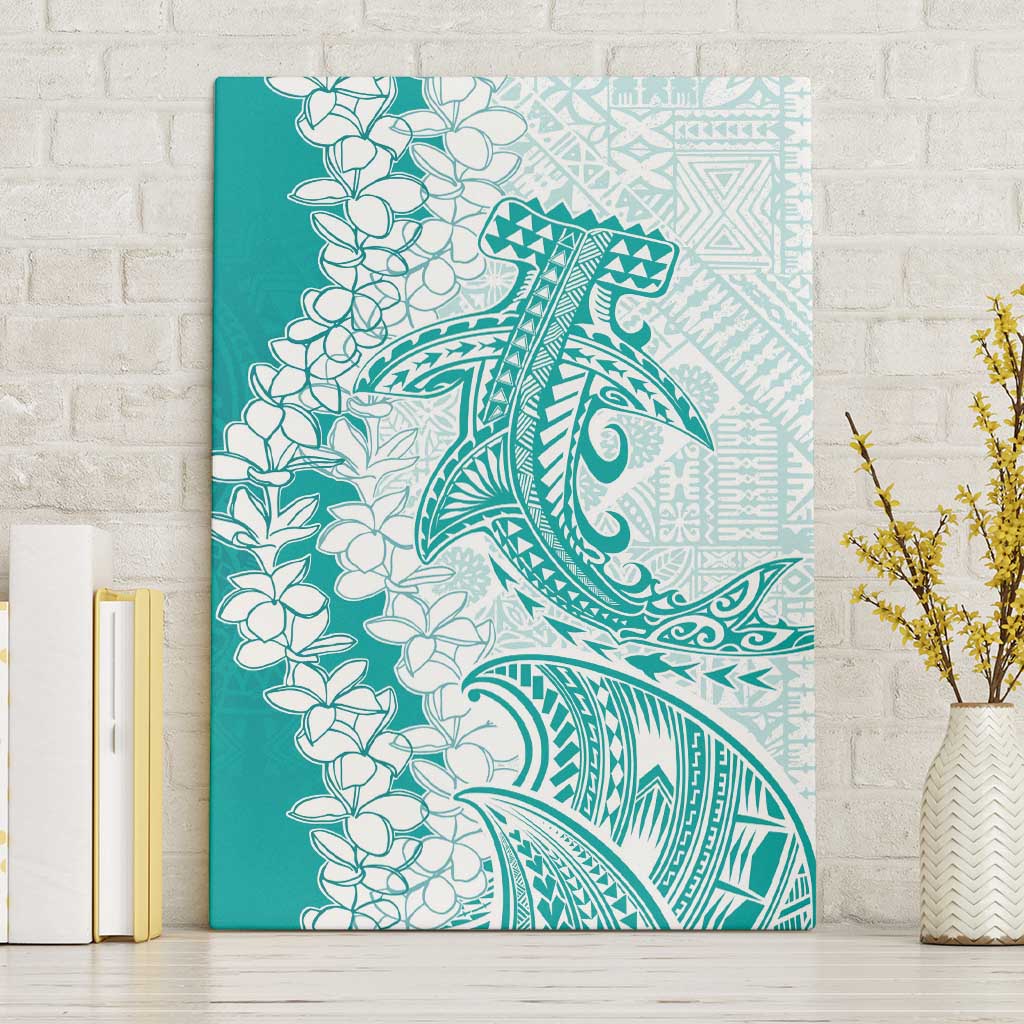 Polynesian Teal Plumeria Lei Canvas Wall Art with Hammerhead Shark