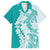 Polynesian Teal Plumeria Lei Family Matching Off Shoulder Maxi Dress and Hawaiian Shirt with Hammerhead Shark