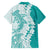 Polynesian Teal Plumeria Lei Family Matching Off Shoulder Maxi Dress and Hawaiian Shirt with Hammerhead Shark