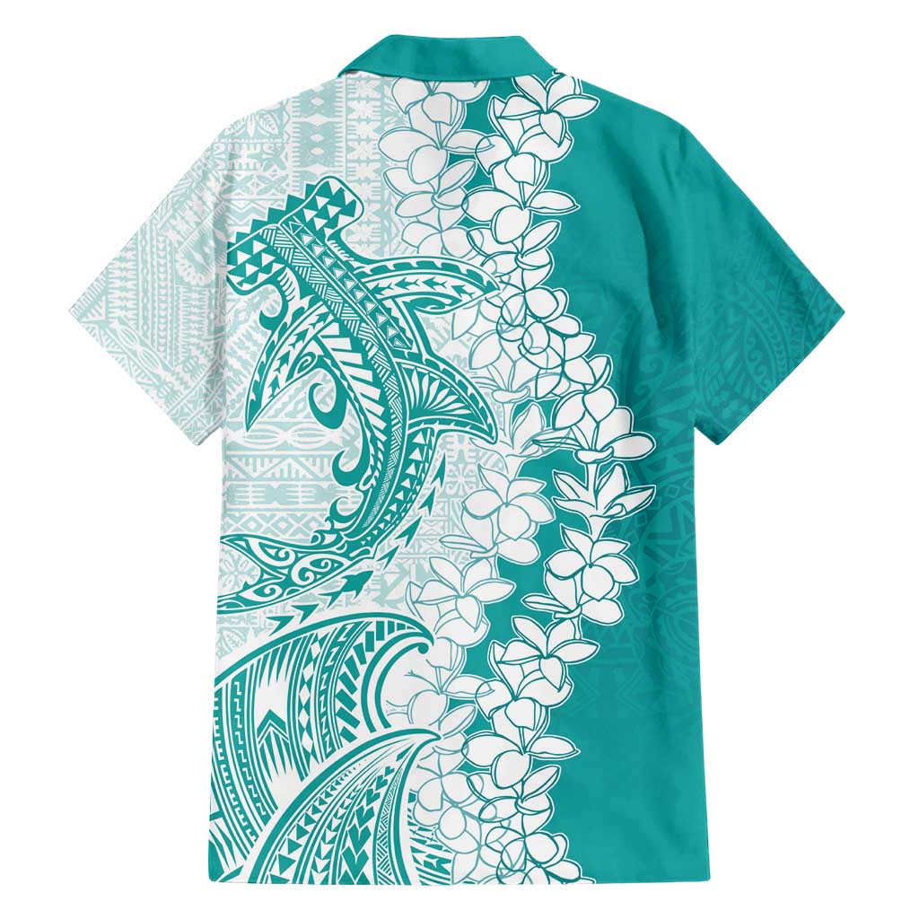 Polynesian Teal Plumeria Lei Hawaiian Shirt with Hammerhead Shark LT7 - Polynesian Pride