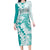 Polynesian Teal Plumeria Lei Long Sleeve Bodycon Dress with Hammerhead Shark