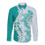 Polynesian Teal Plumeria Lei Long Sleeve Button Shirt with Hammerhead Shark