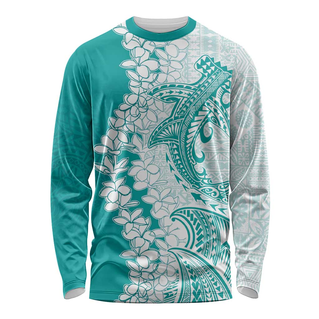 Polynesian Teal Plumeria Lei Long Sleeve Shirt with Hammerhead Shark LT7 Unisex Teal - Polynesian Pride