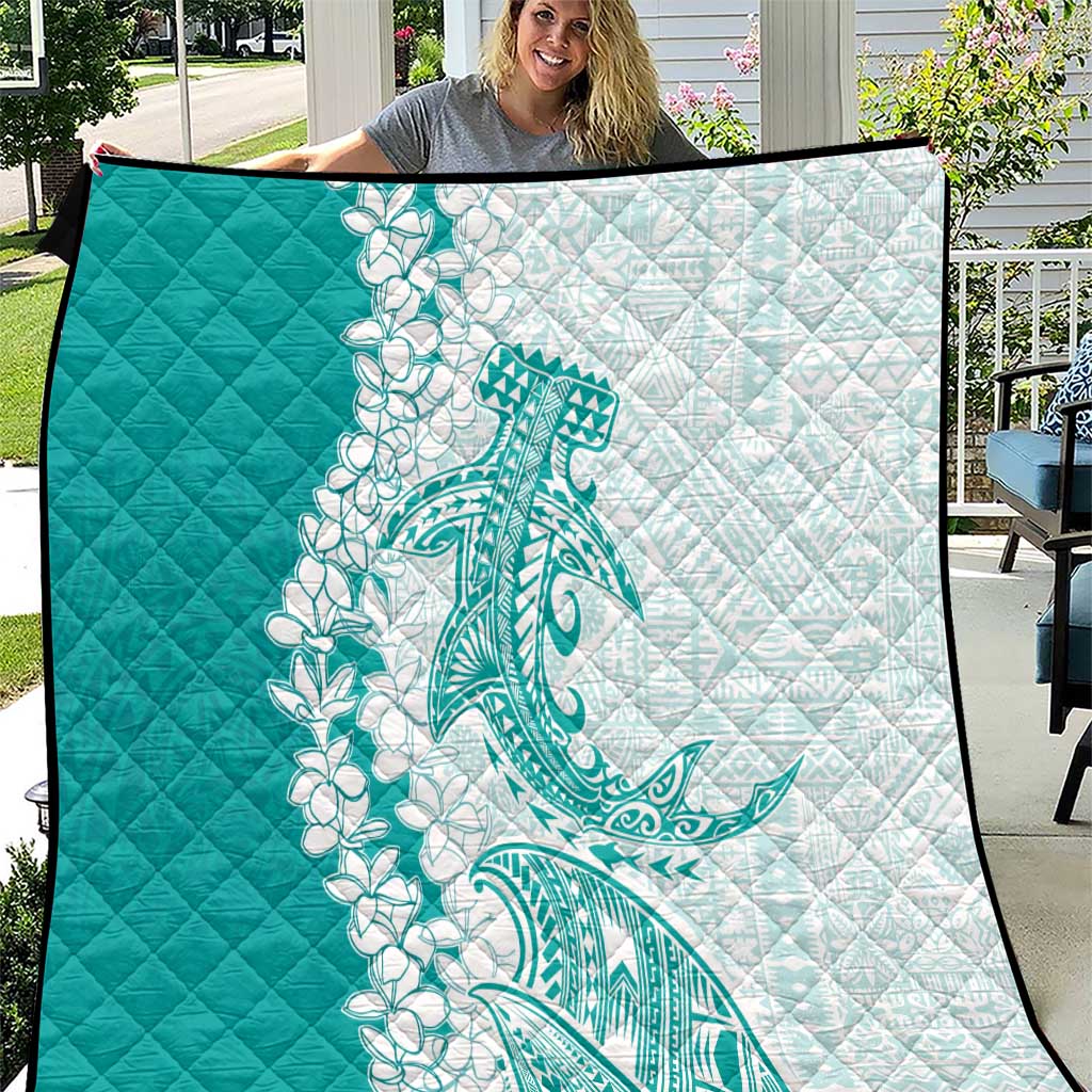 Polynesian Teal Plumeria Lei Quilt with Hammerhead Shark LT7 Teal - Polynesian Pride