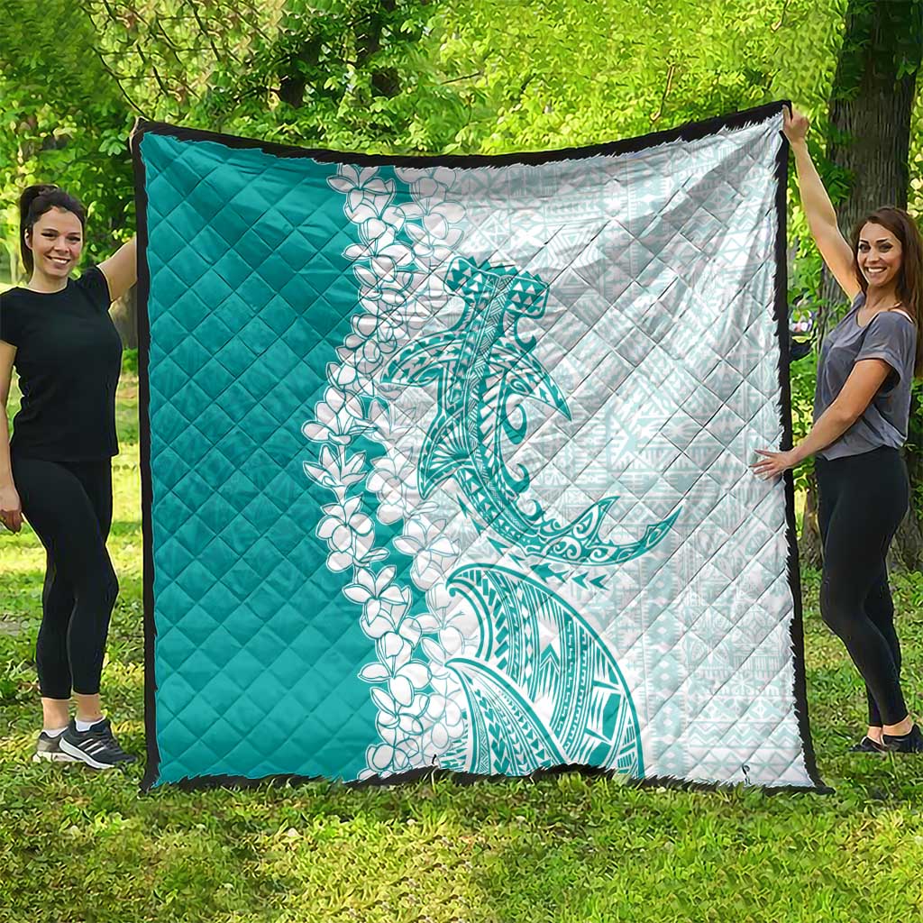 Polynesian Teal Plumeria Lei Quilt with Hammerhead Shark LT7 - Polynesian Pride