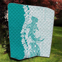 Polynesian Teal Plumeria Lei Quilt with Hammerhead Shark LT7 - Polynesian Pride