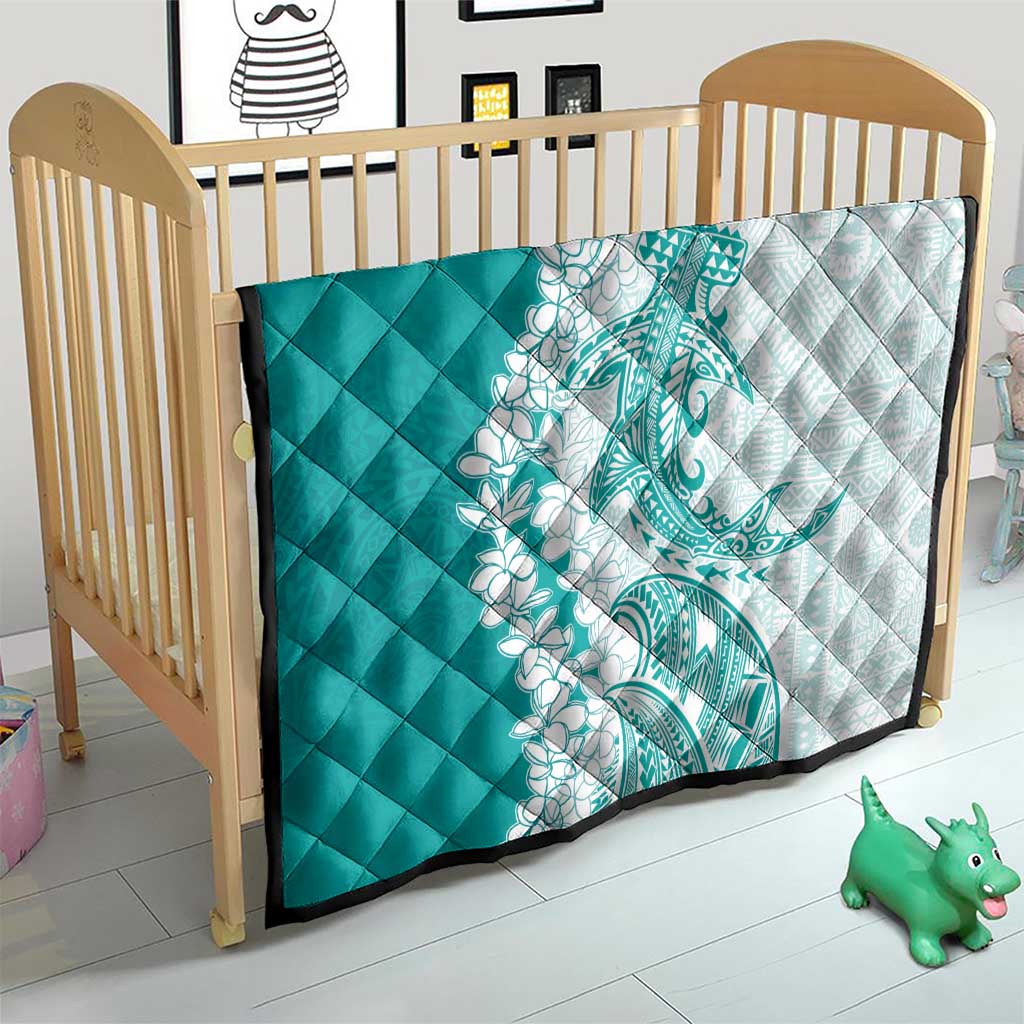 Polynesian Teal Plumeria Lei Quilt with Hammerhead Shark LT7 - Polynesian Pride