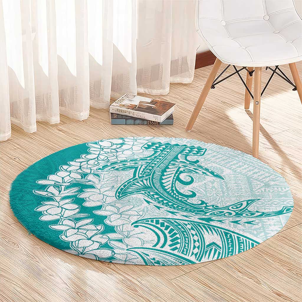 Polynesian Teal Plumeria Lei Round Carpet with Hammerhead Shark LT7 - Polynesian Pride