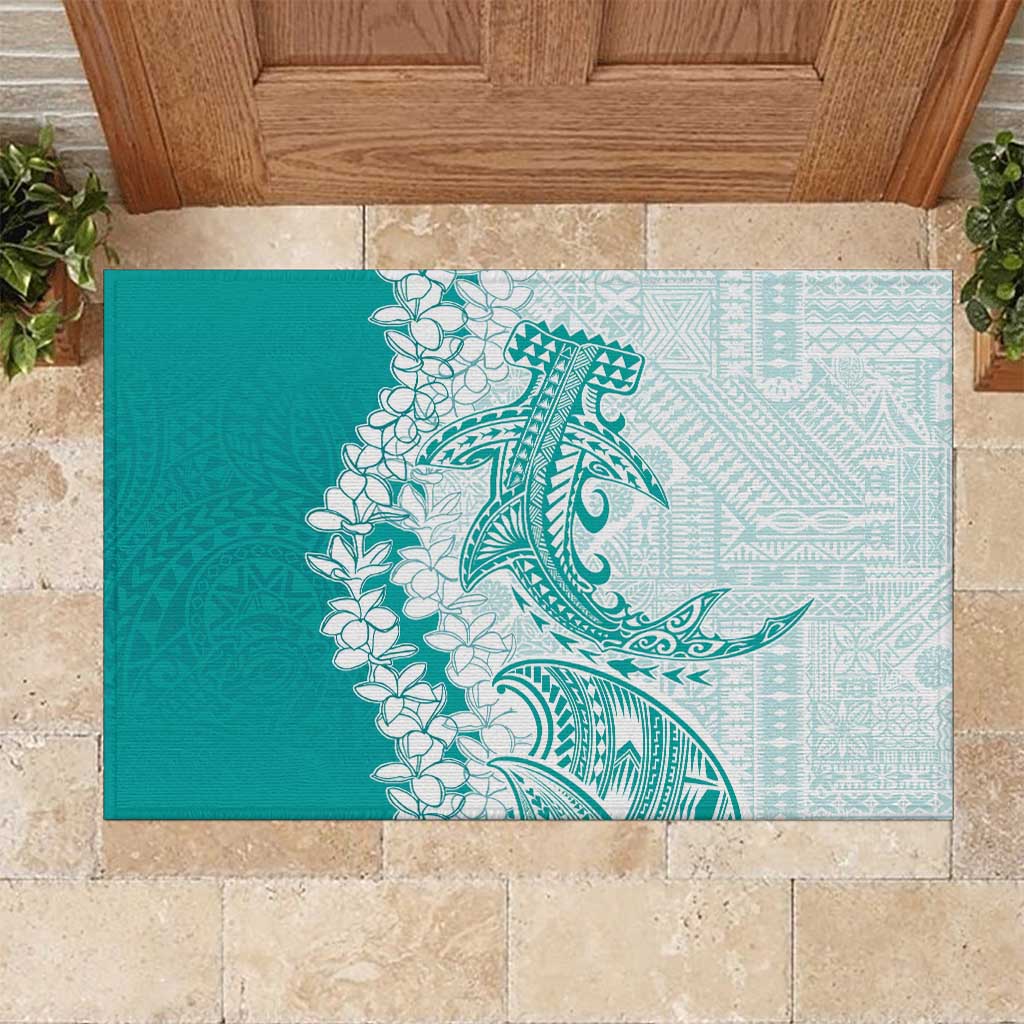 Polynesian Teal Plumeria Lei Rubber Doormat with Hammerhead Shark LT7 Teal - Polynesian Pride