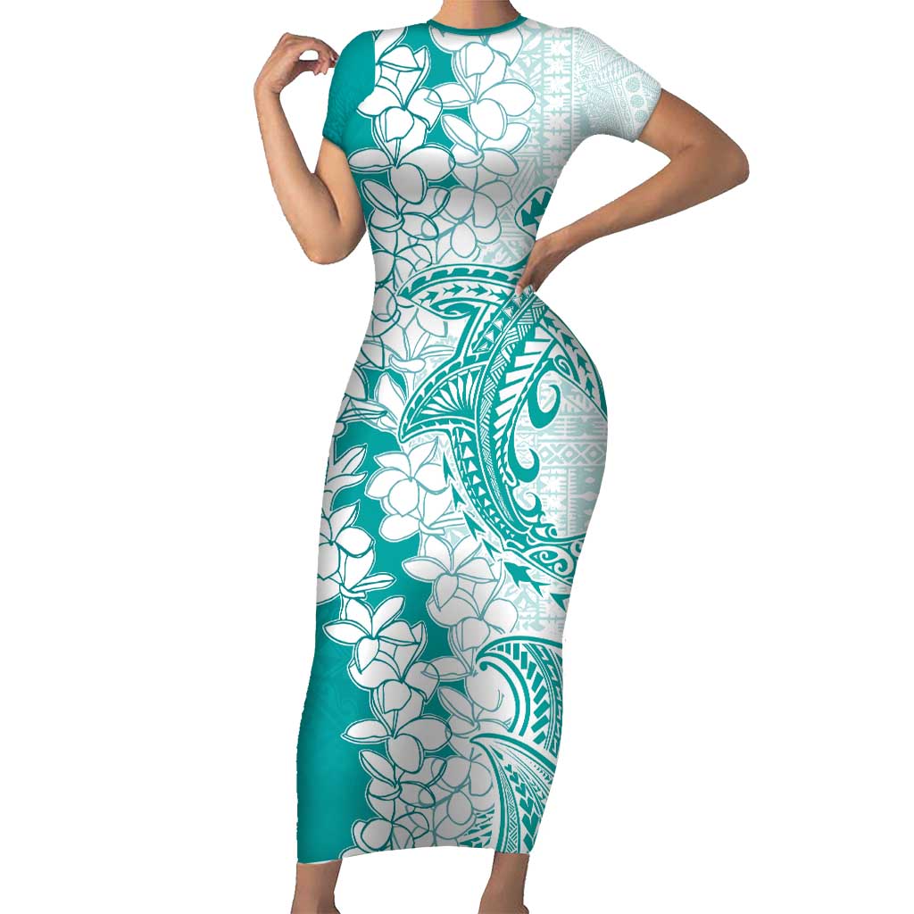 Polynesian Teal Plumeria Lei Short Sleeve Bodycon Dress with Hammerhead Shark LT7 Long Dress Teal - Polynesian Pride