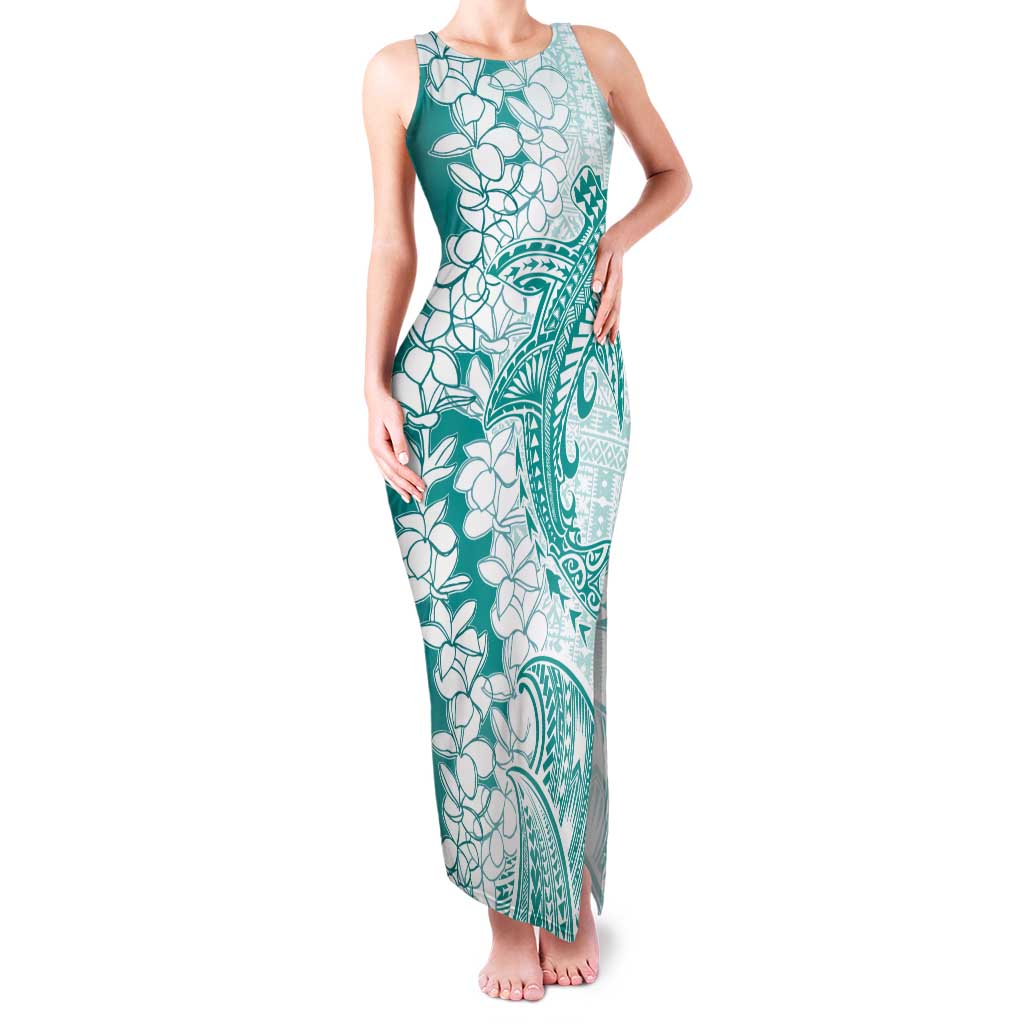 Polynesian Teal Plumeria Lei Tank Maxi Dress with Hammerhead Shark