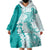 Polynesian Teal Plumeria Lei Wearable Blanket Hoodie with Hammerhead Shark