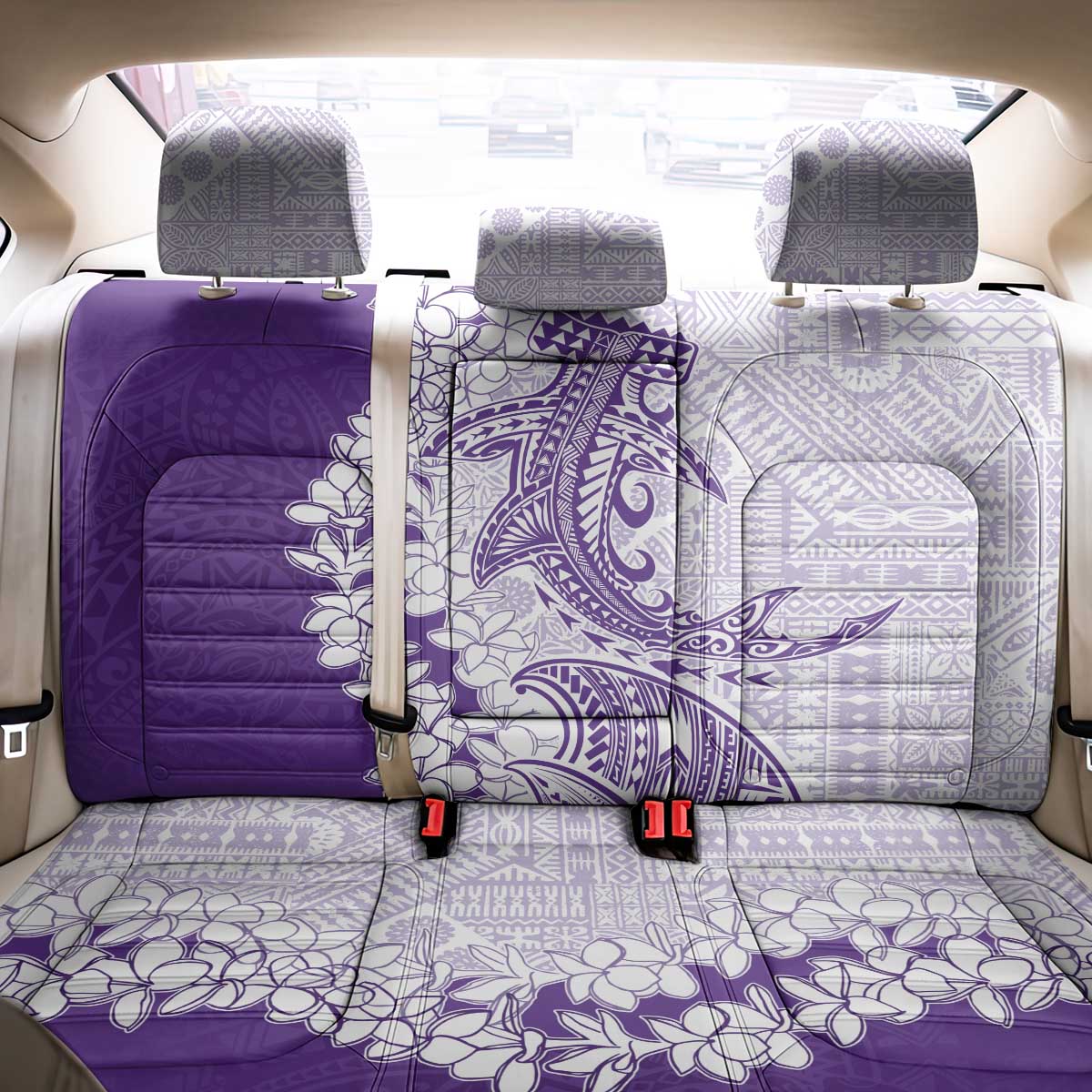 Polynesian Purple Plumeria Lei Back Car Seat Cover with Hammerhead Shark LT7 - Polynesian Pride