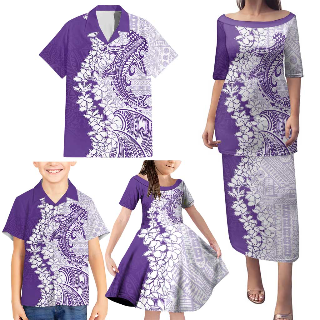 Polynesian Purple Plumeria Lei Family Matching Puletasi and Hawaiian Shirt with Hammerhead Shark