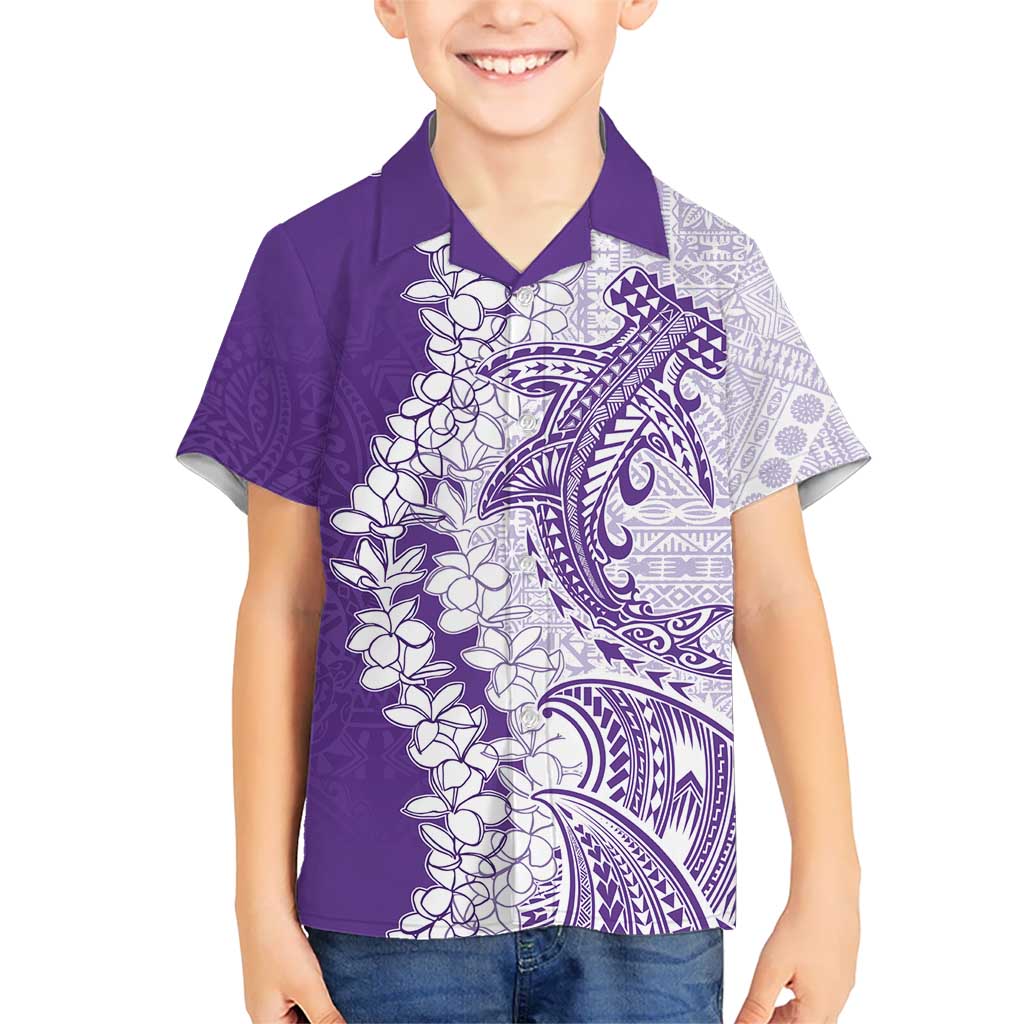 Polynesian Purple Plumeria Lei Kid Hawaiian Shirt with Hammerhead Shark LT7 Kid Purple - Polynesian Pride