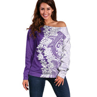 Polynesian Purple Plumeria Lei Off Shoulder Sweater with Hammerhead Shark LT7 Women Purple - Polynesian Pride