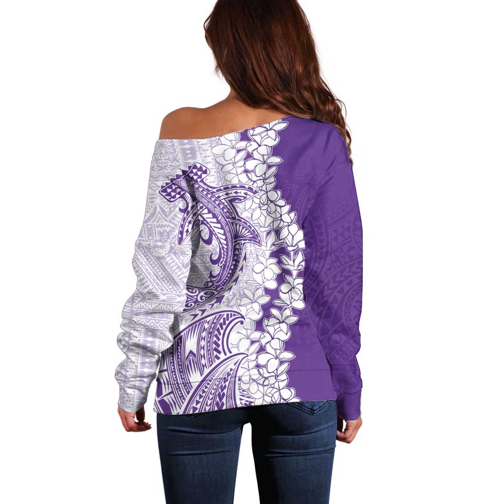 Polynesian Purple Plumeria Lei Off Shoulder Sweater with Hammerhead Shark LT7 - Polynesian Pride