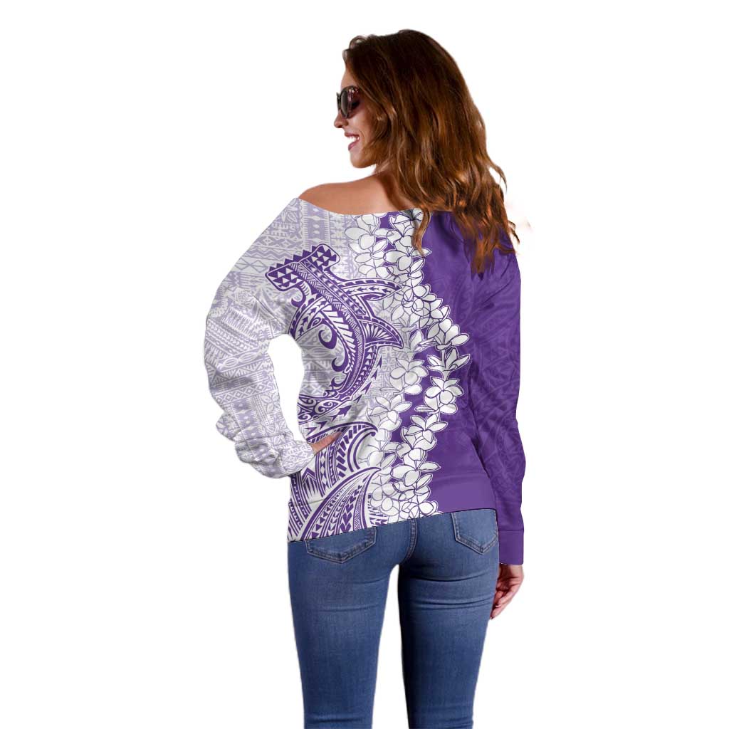 Polynesian Purple Plumeria Lei Off Shoulder Sweater with Hammerhead Shark LT7 - Polynesian Pride