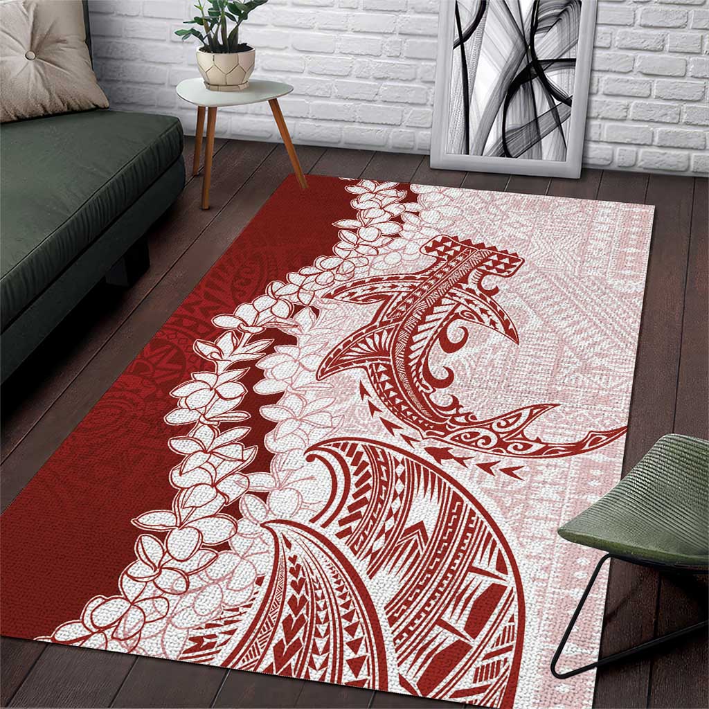 Polynesian Crimson Plumeria Lei Area Rug with Hammerhead Shark