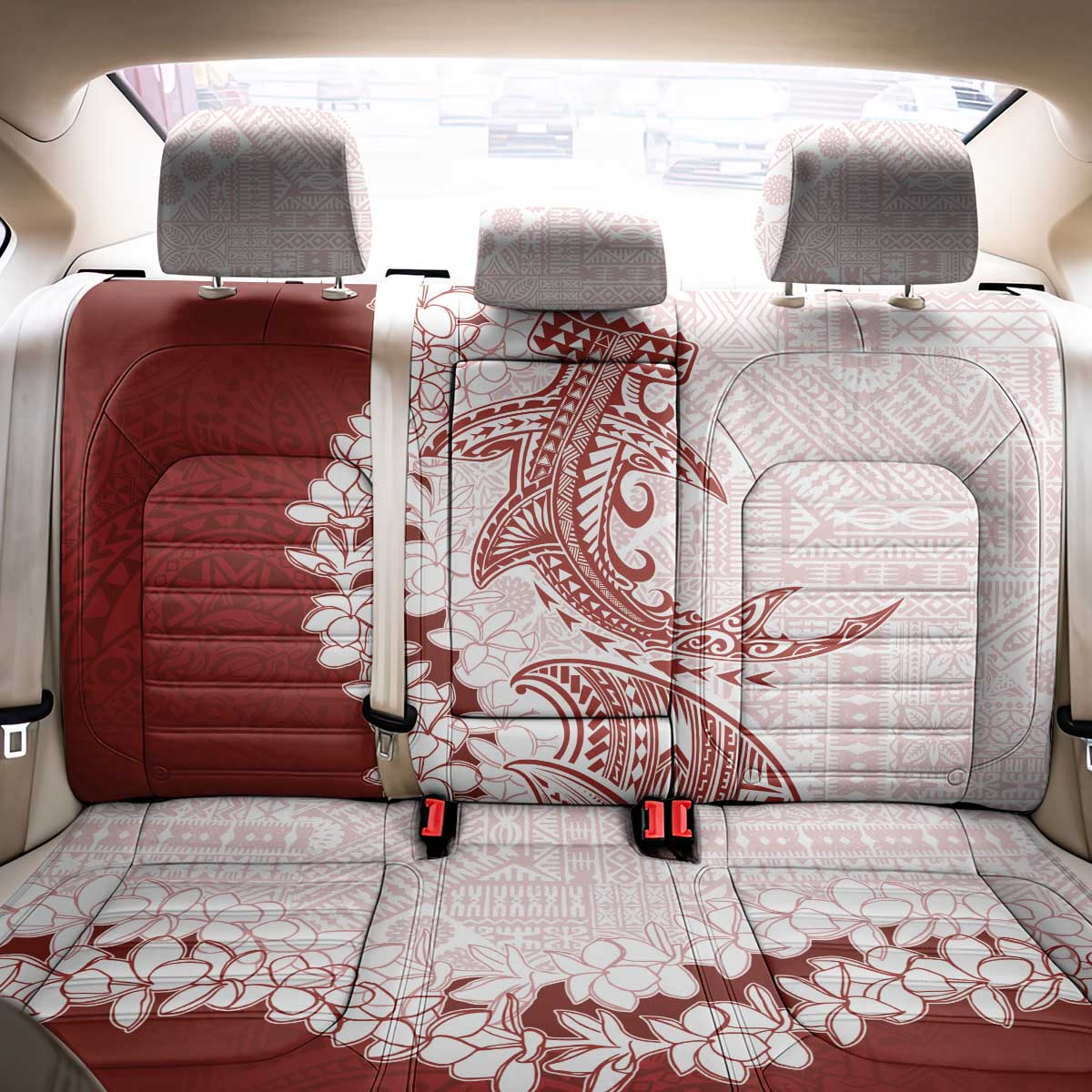 Polynesian Crimson Plumeria Lei Back Car Seat Cover with Hammerhead Shark LT7 - Polynesian Pride